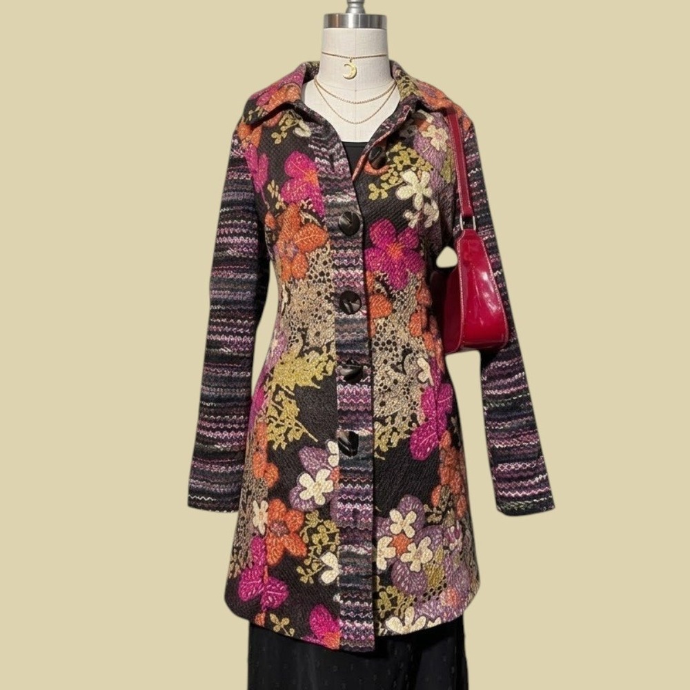 Whimsy Sharon Young Womens Floral Tapestry Trench Coat Boho Jacket Small